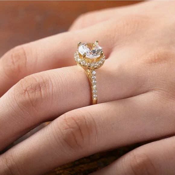 3CT Round 14K Yellow Gold Plated Halo Engagement Ring. - Picture 6 of 8